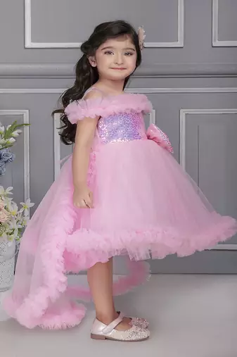 baby pink solid net tail look off shoulder sequence yoke frock