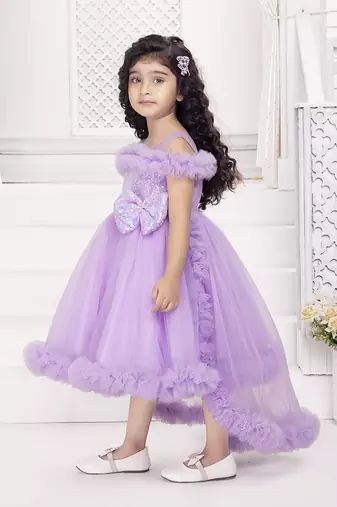 Lavender solid net tail look off shoulder sequence yoke frock