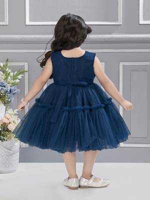 Teal solid net fan pleated yoke with frilled frock 2