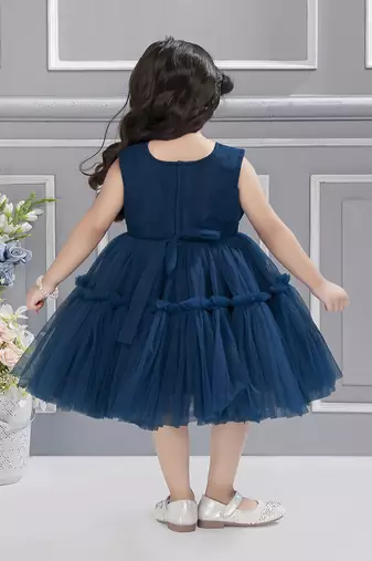 Teal solid net fan pleated yoke with frilled frock