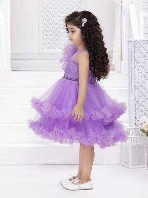 Lavender solid net double layer frilled glitter embellish frock 4