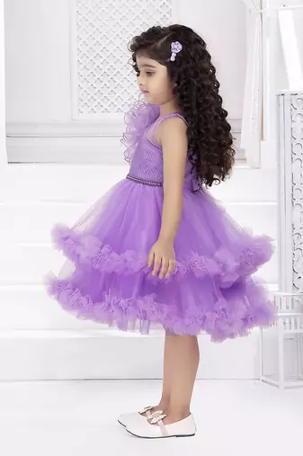 Lavender solid net double layer frilled glitter embellish frock