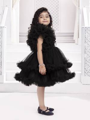 Black solid net double layer frilled glitter embellish frock 4