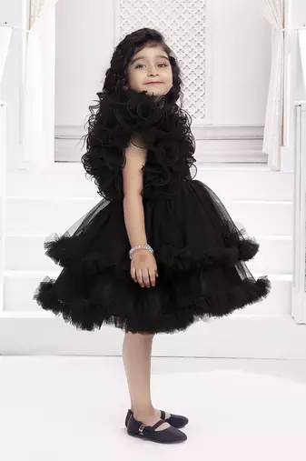 Black solid net double layer frilled glitter embellish frock