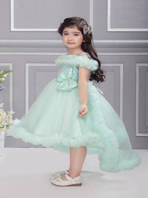 Blue solid net tail look off shoulder sequence yoke frock 4
