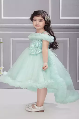 Blue solid net tail look off shoulder sequence yoke frock