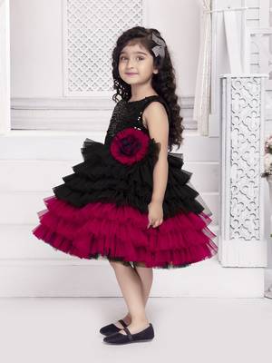 Black solid net floral applique detailed sequence body frock 4