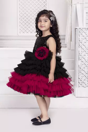 Black solid net floral applique detailed sequence body frock