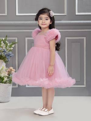 Baby pink solid net pleated yoke stone embellish frock 4