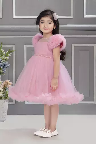Baby pink solid net pleated yoke stone embellish frock