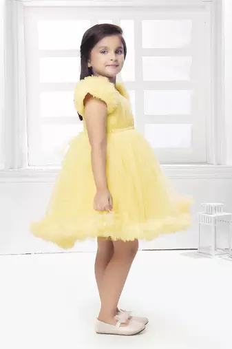 Yellow solid net pleated yoke stone embellish frock