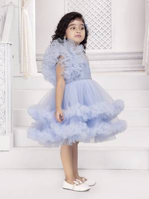 Blue solid net double layer frilled glitter embellish frock 4