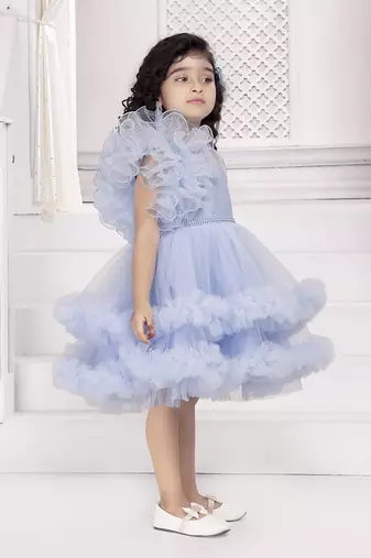 Blue solid net double layer frilled glitter embellish frock