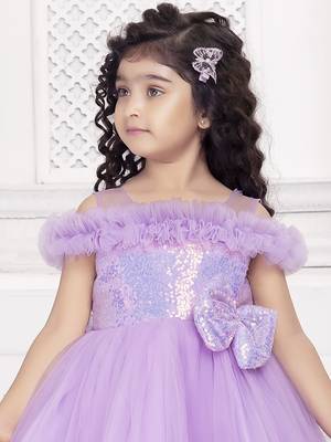 Lavender solid net tail look off shoulder sequence yoke frock 5