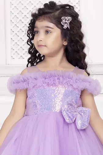 Lavender solid net tail look off shoulder sequence yoke frock