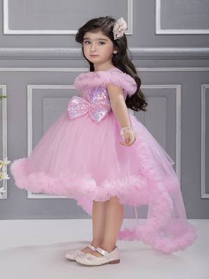 baby pink solid net tail look off shoulder sequence yoke frock 4