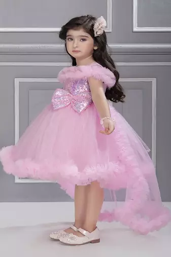 baby pink solid net tail look off shoulder sequence yoke frock