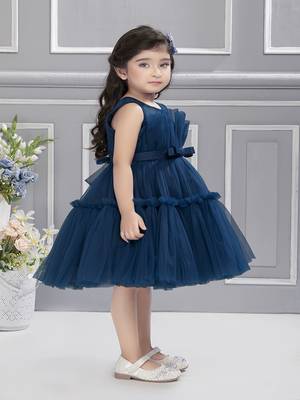 Teal solid net fan pleated yoke with frilled frock 3
