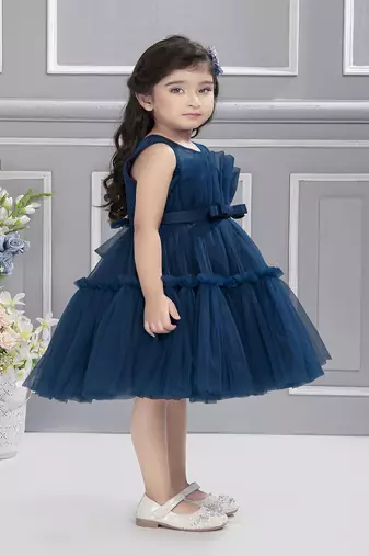 Teal solid net fan pleated yoke with frilled frock