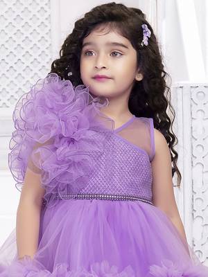 Lavender solid net double layer frilled glitter embellish frock 5