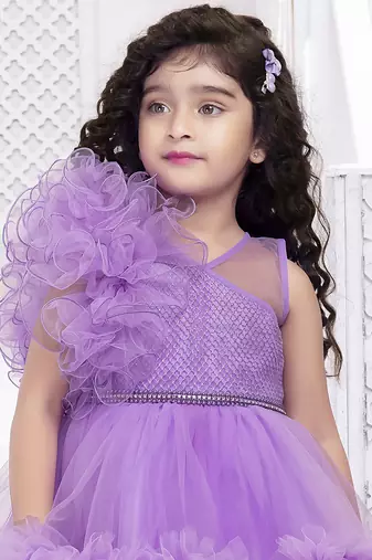 Lavender solid net double layer frilled glitter embellish frock