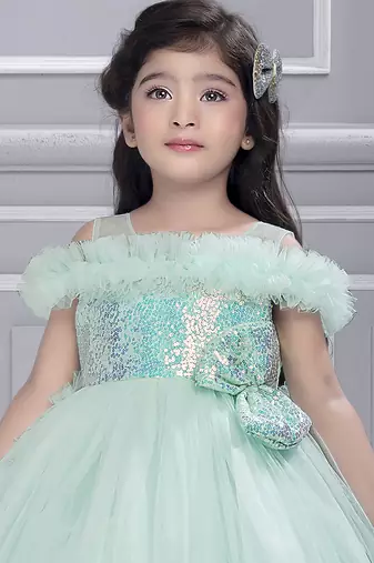 Blue solid net tail look off shoulder sequence yoke frock