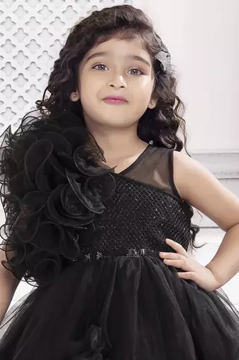 Black solid net double layer frilled glitter embellish frock
