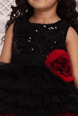 Black solid net floral applique detailed sequence body frock 5