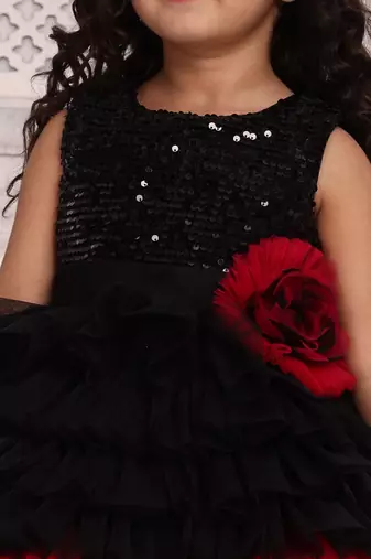 Black solid net floral applique detailed sequence body frock