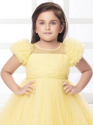 Yellow solid net pleated yoke stone embellish frock 5