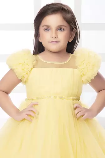 Yellow solid net pleated yoke stone embellish frock