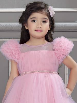 Baby pink solid net pleated yoke stone embellish frock 5