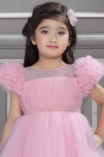 Baby pink solid net pleated yoke stone embellish frock