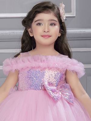 baby pink solid net tail look off shoulder sequence yoke frock 5