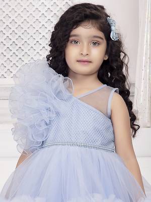 Blue solid net double layer frilled glitter embellish frock 5
