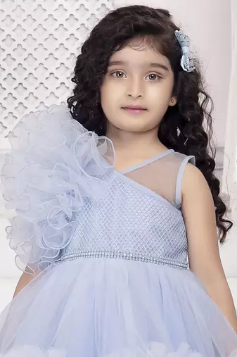 Blue solid net double layer frilled glitter embellish frock