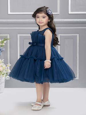 Teal solid net fan pleated yoke with frilled frock 4