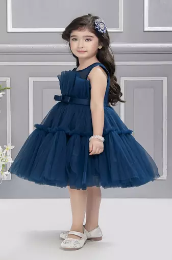Teal solid net fan pleated yoke with frilled frock