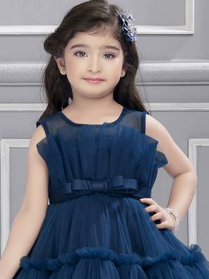 Teal solid net fan pleated yoke with frilled frock 5