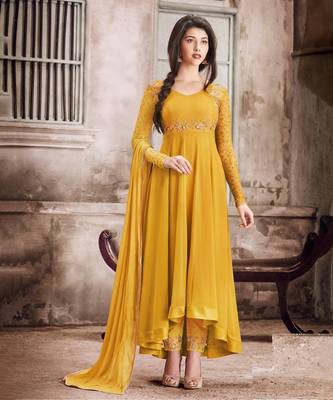 Yellow Faux Georgette Gold Embroidered Anarkali Salwar Suit 1
