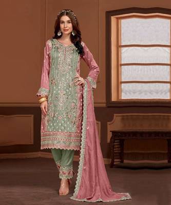 Green embroidered vichitra pakistani suit 1