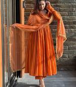 Orange Women's Viscose Chanderi Fabric Anarkali Kurta, Pant and Dupatta Set
