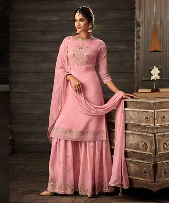 Light pink embroidery & sequins work silk salwar kameez 1