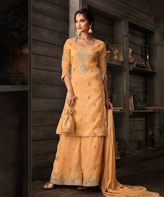 Mustard embroidery & sequins work silk salwar kameez 1