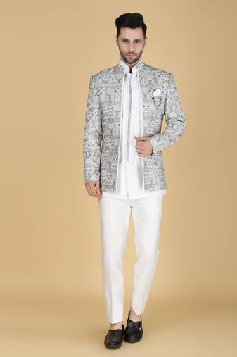 White zari and thread embroidered short indowestern
