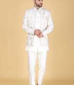 White multicolor thread and sequins embroidered short indowestern