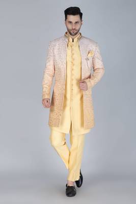 Yellow ombre thread and sequins embroidered indowestern 1