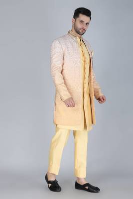 Yellow ombre thread and sequins embroidered indowestern 2