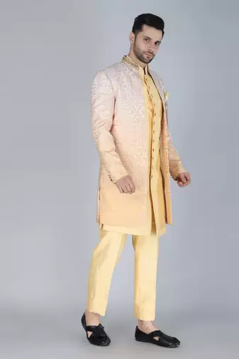 Yellow ombre thread and sequins embroidered indowestern