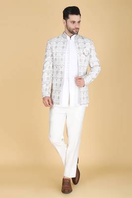 White multicolor thread and sequins embroidered short indowestern 1